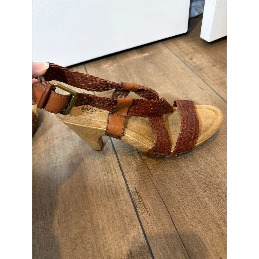 GH Bass Sadie Woven Leather Wood Platform Sandals Brown boho strap's braided